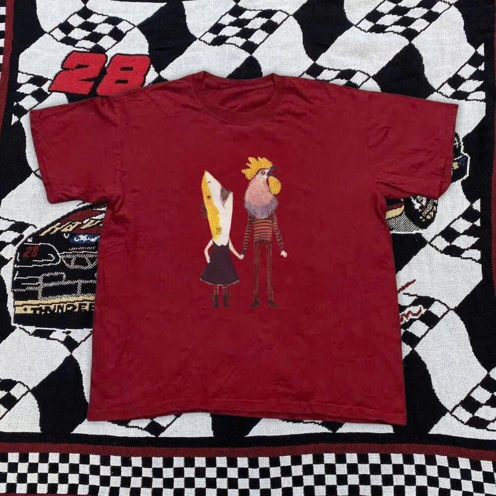 Red And Yellow Graphic Tee Featuring A Couple With Surfboards